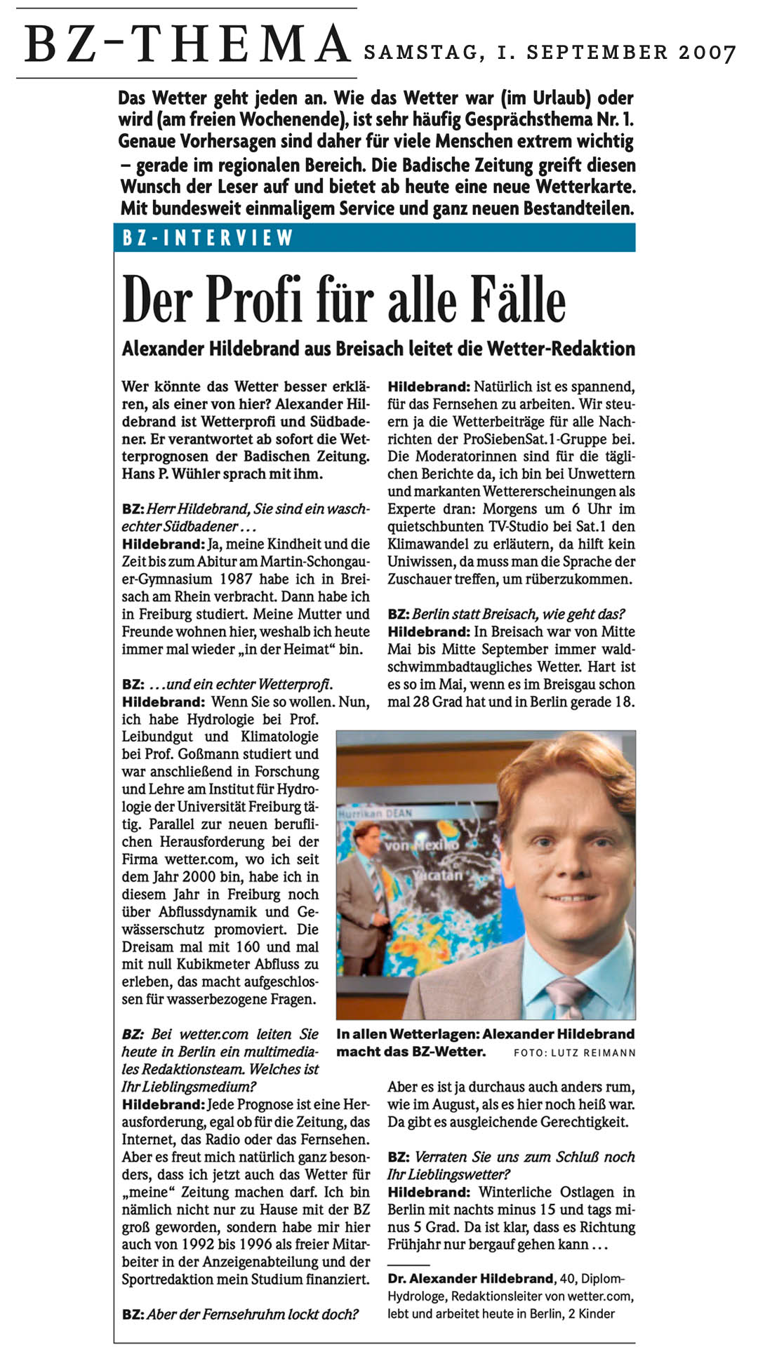 Interview zum Start einer neuen Wetterkarte in der Badischen Zeitung (Freiburg), produziert von wetter.com (2007)